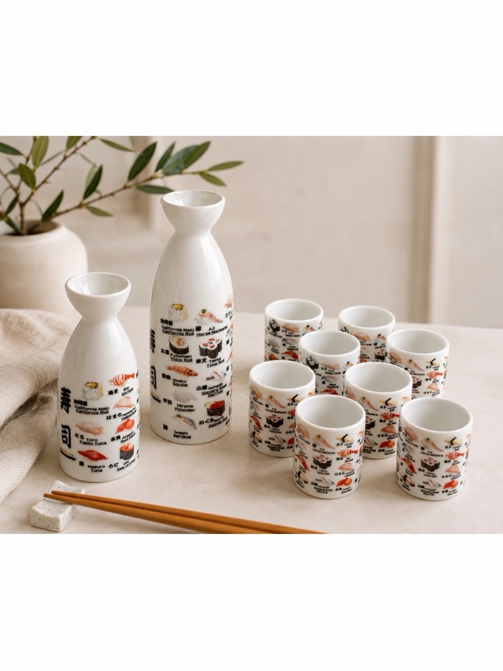 White 10-Piece Sushi-Themed Japanese Sake Set, OS